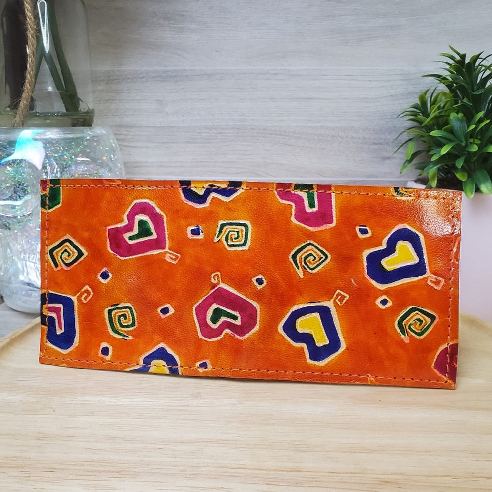 Vintage Painted Leather Long Wallet Card Holder Hearts Orange India